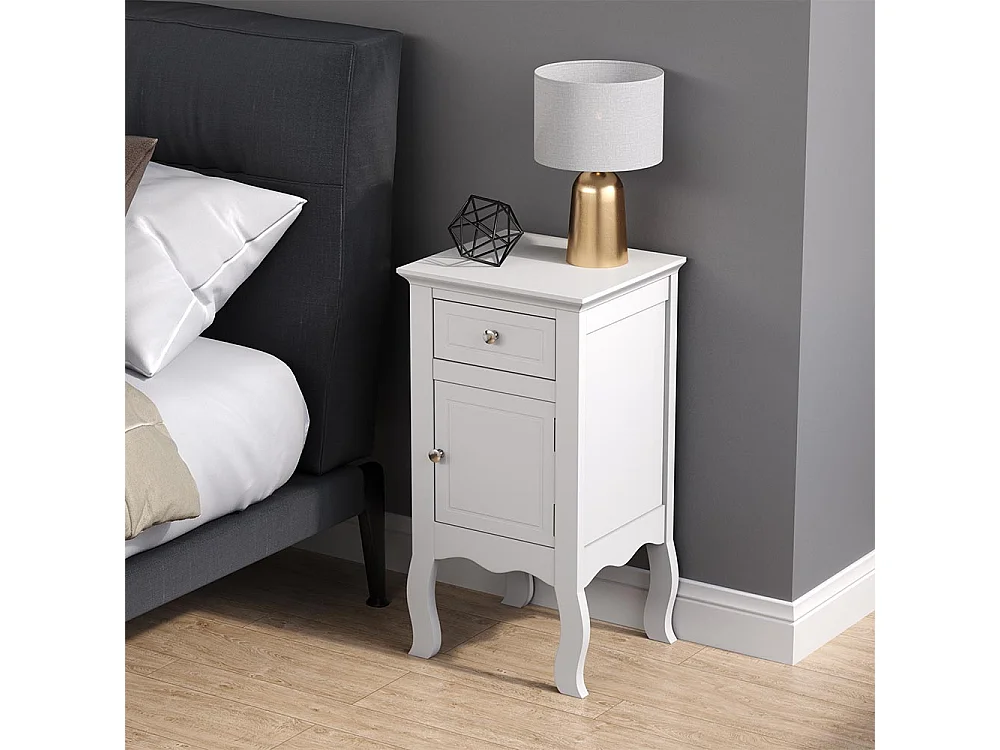 White Wooden Bedside Table with 1 Drawer and 1 Cabinet