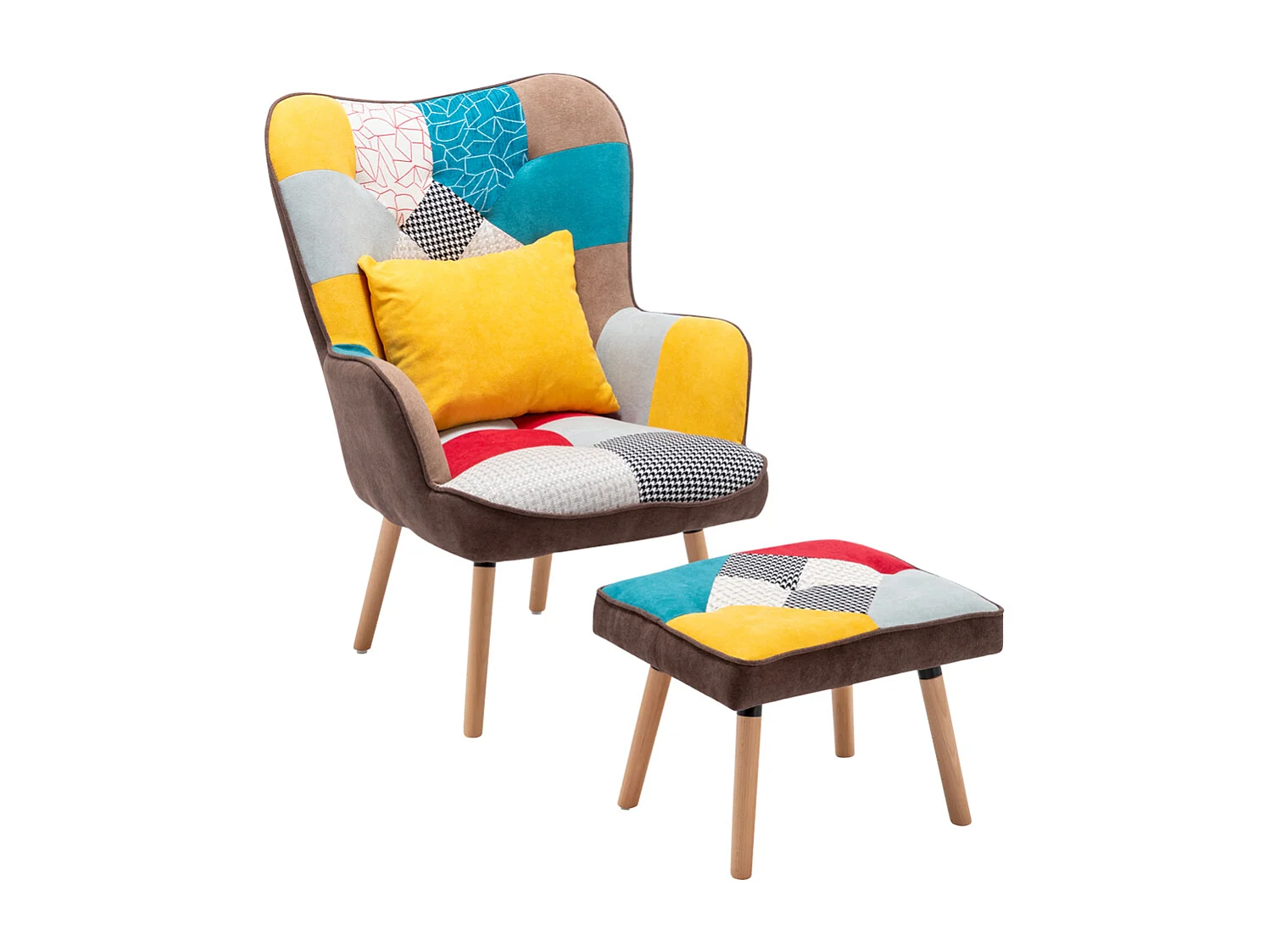 Multicoloured Wingback Armchair with Footstool and Lumbar Pillow