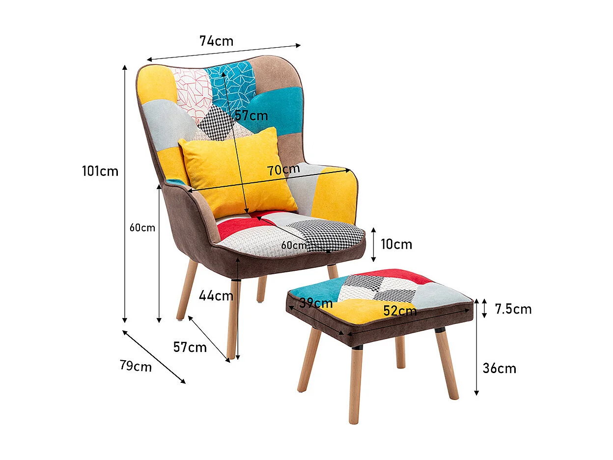Multicoloured Wingback Armchair with Footstool and Lumbar Pillow