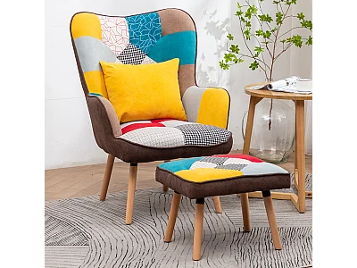 Multicoloured Wingback Armchair with Footstool and Lumbar Pillow