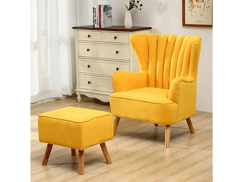 Yellow Mid-Century Faux Wool Upholstered Armchair with Footstool