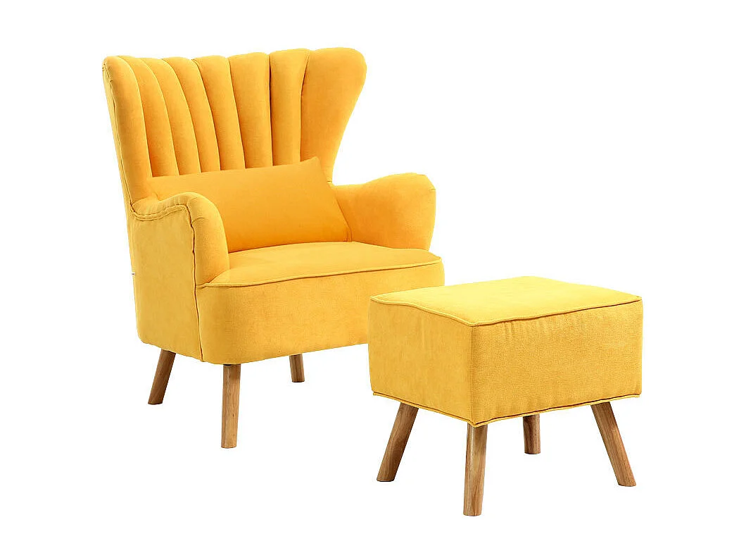 Yellow Mid-Century Faux Wool Upholstered Armchair with Footstool