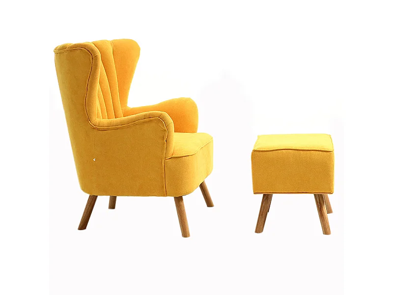 Yellow Mid-Century Faux Wool Upholstered Armchair with Footstool