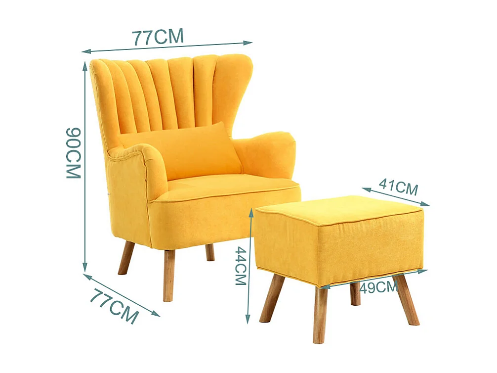 Yellow Mid-Century Faux Wool Upholstered Armchair with Footstool