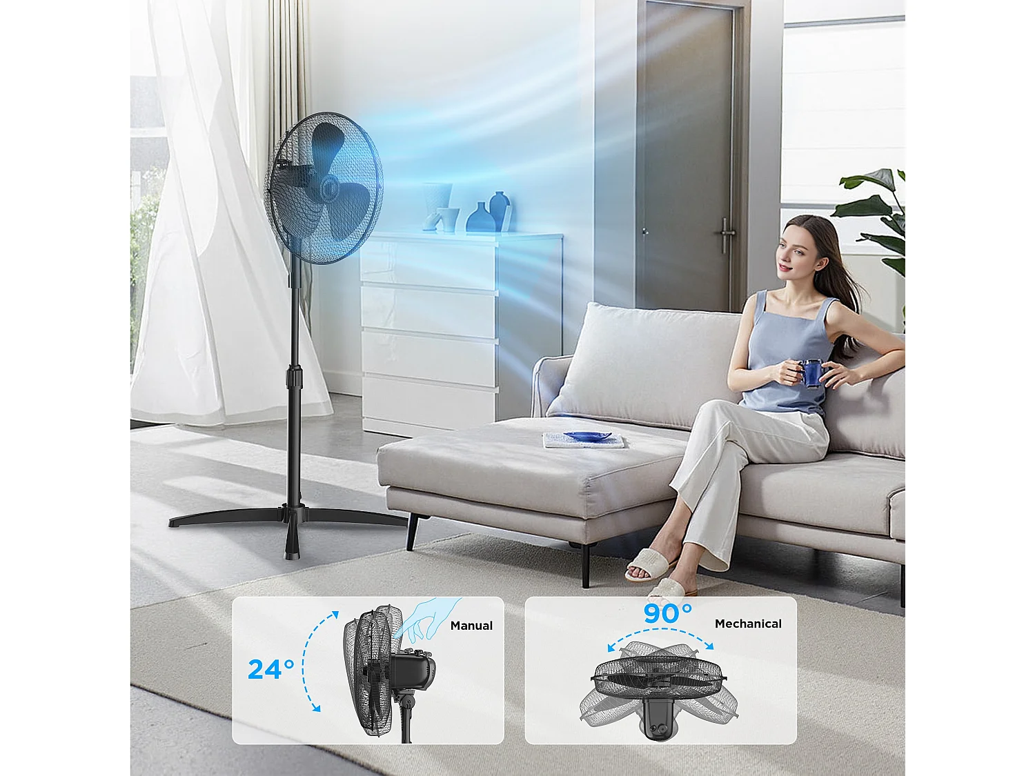 Black 3-Speed Pedestal Fan with Adjustable Height and Oscillation