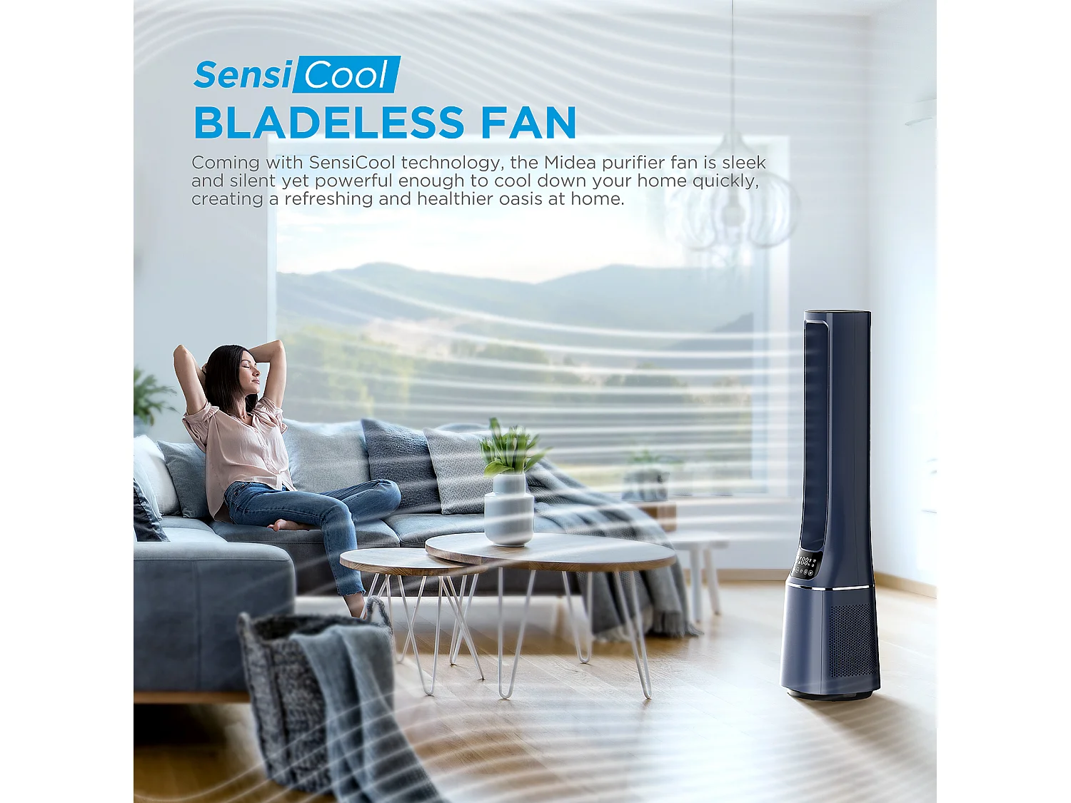 Dark Blue 2-in-1 Bladeless Tower Fan with HEPA Air Purifier and Smart Control