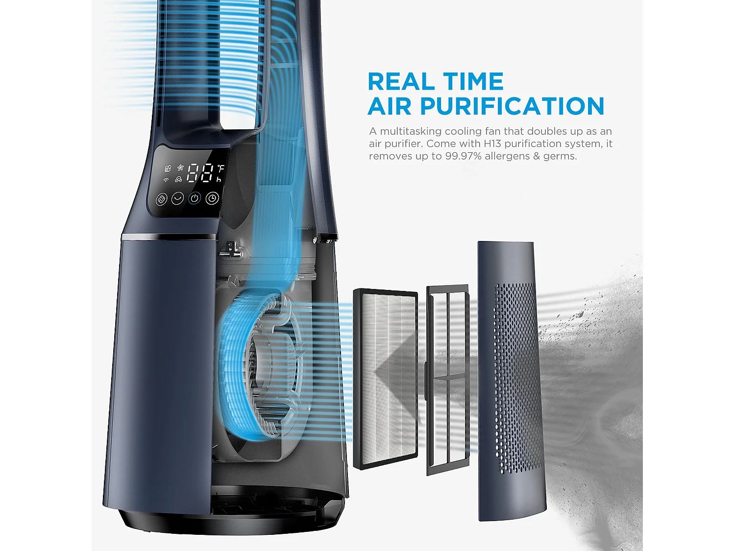 Dark Blue 2-in-1 Bladeless Tower Fan with HEPA Air Purifier and Smart Control