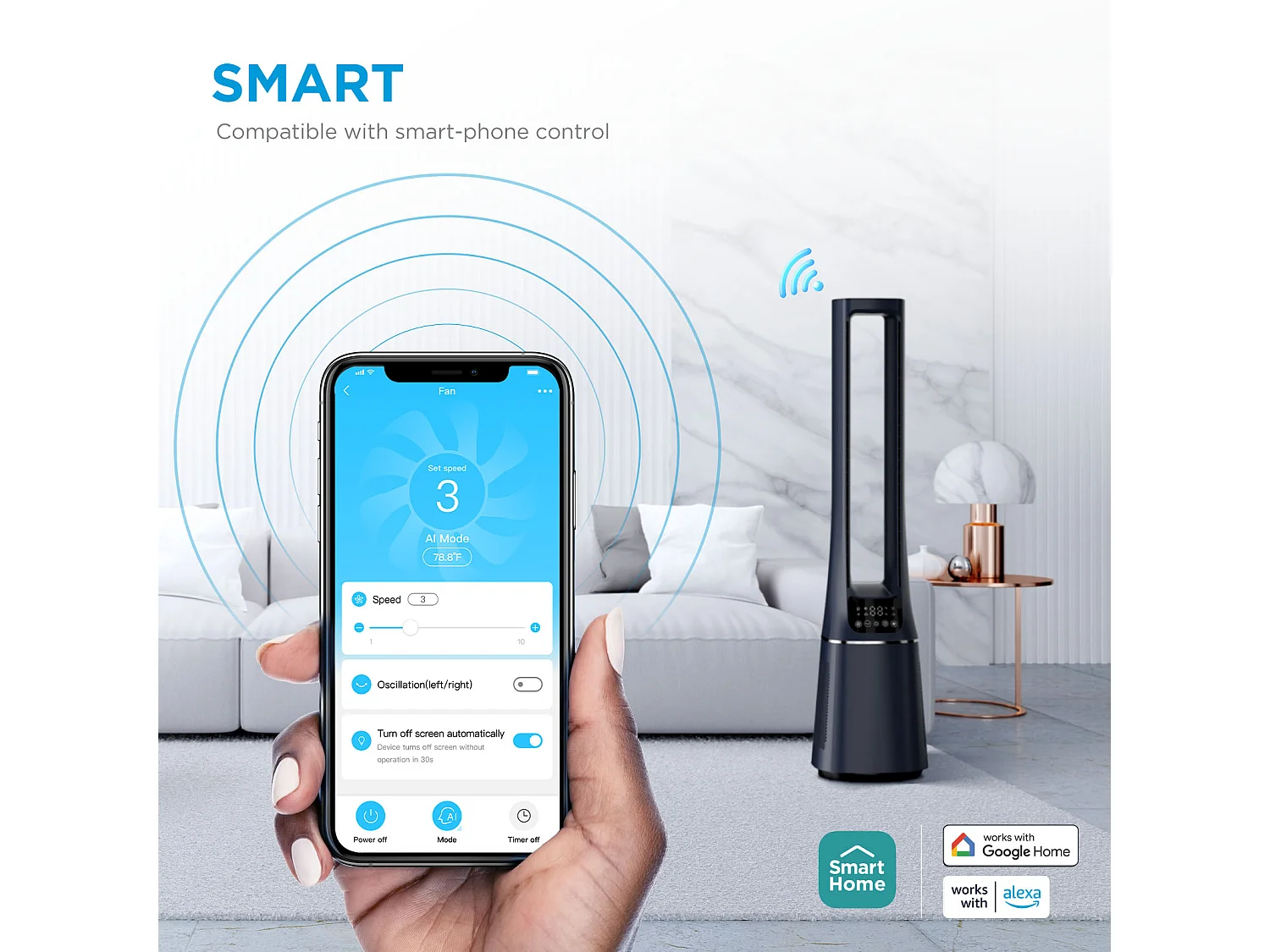 Dark Blue 2-in-1 Bladeless Tower Fan with HEPA Air Purifier and Smart Control