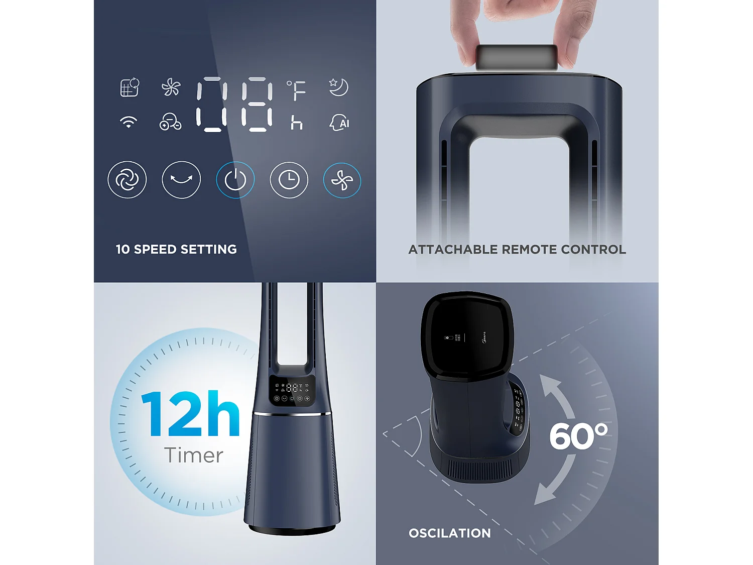 Dark Blue 2-in-1 Bladeless Tower Fan with HEPA Air Purifier and Smart Control