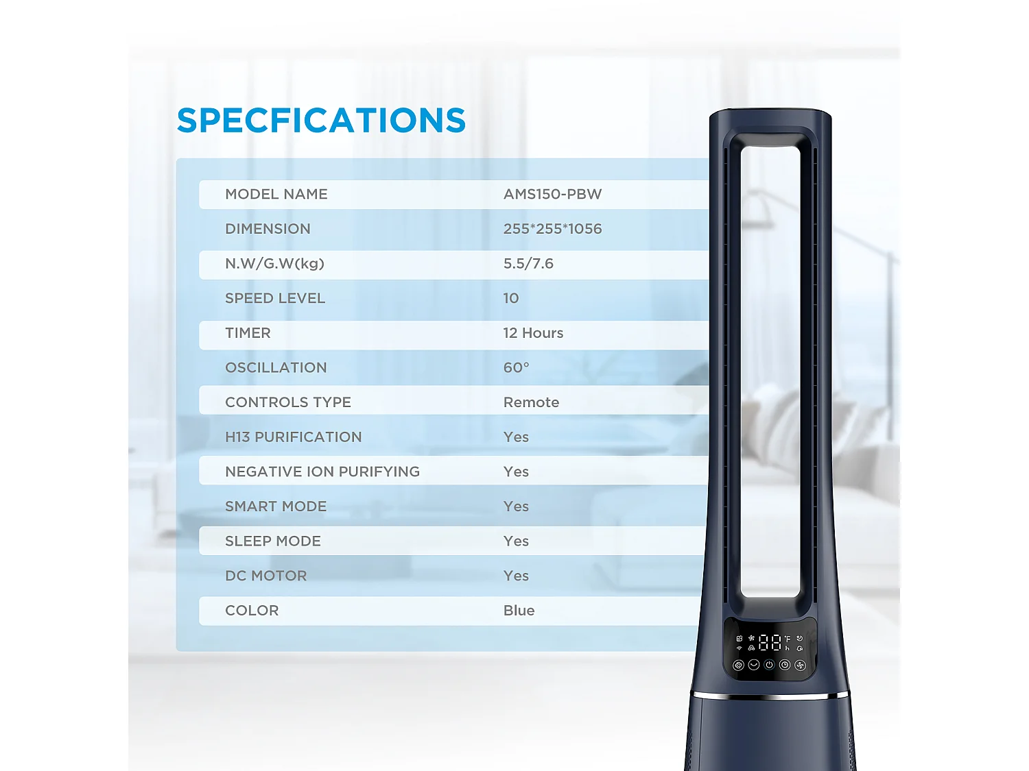 Dark Blue 2-in-1 Bladeless Tower Fan with HEPA Air Purifier and Smart Control