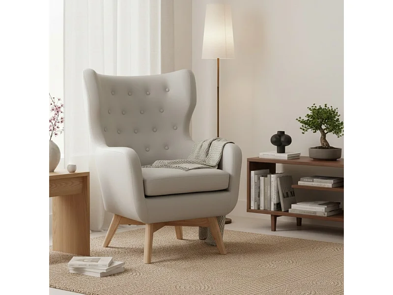 Fauteuil à oreilles polyester beige 101x75x85cm