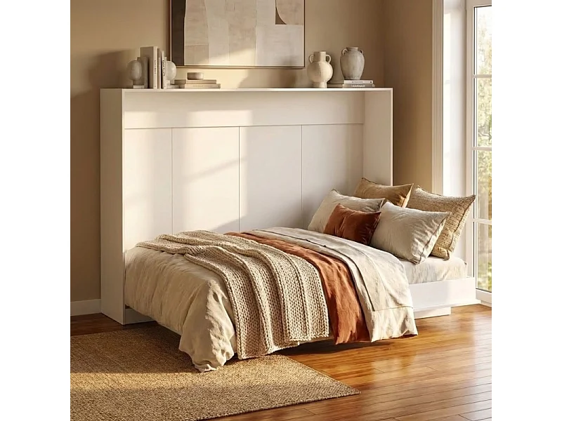 Lit escamotable horizontal mélamine blanc 153x214x38cm