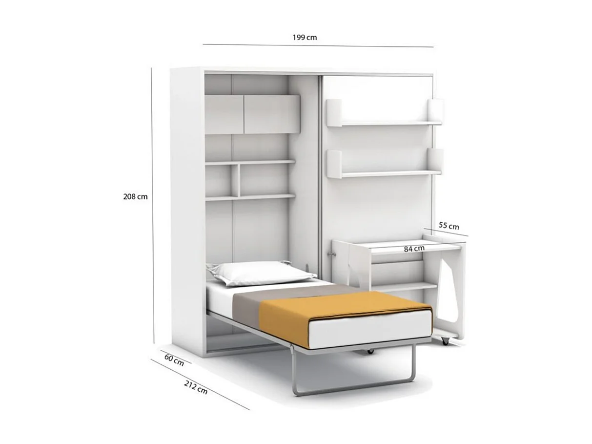 Lit escamotable chambre complète avec matelas blanc 208x200x212 cm
