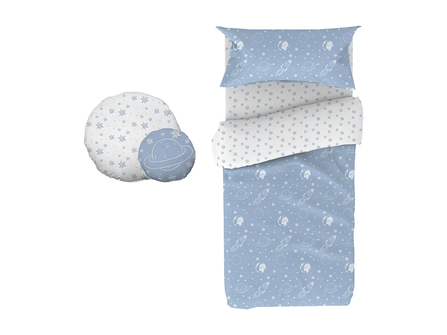 Housse de couette set 3 pièces + coussins coton bleu 90x190cm