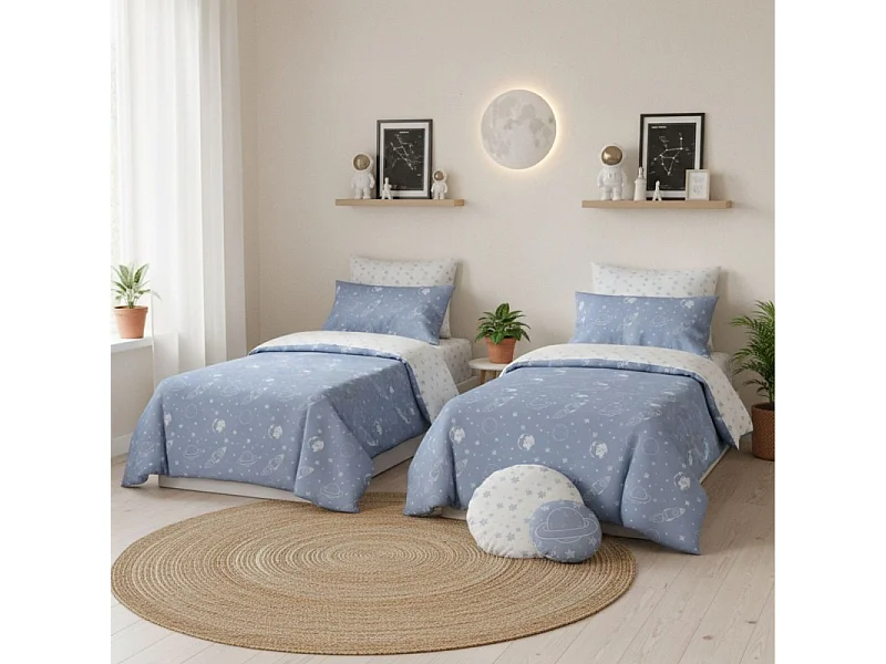 Housse de couette set 3 pièces + coussins coton bleu 90x190cm