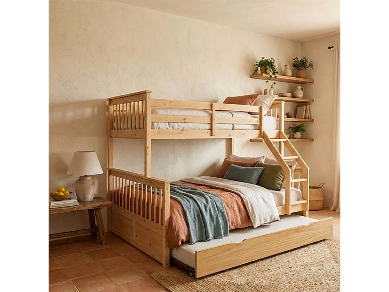 Drievoudig stapelbed + hefbaar onderschuifbed 90 hout grenen 135x190/90x190cm