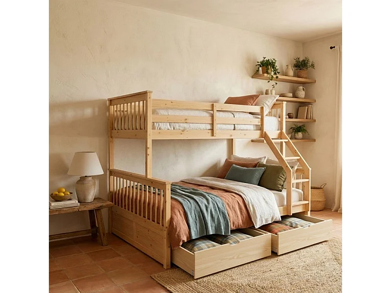 Drievoudig stapelbed + 2 lades hout grenen 135x190/90x190cm