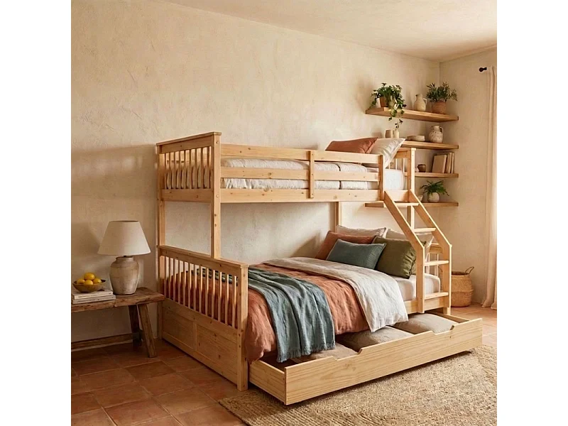 Drievoudig stapelbed + opberglade hout grenen 135x190/90x190cm