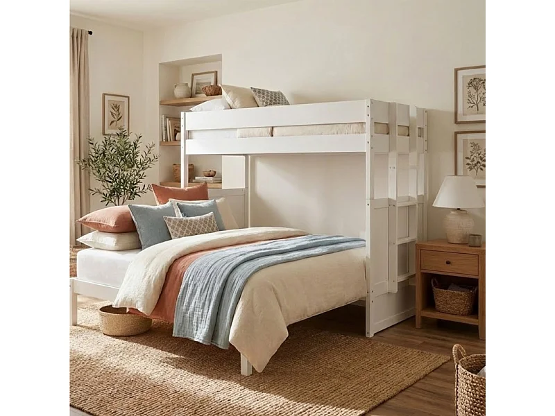 Stapelbed met ombouwbaar tweepersoonsbed + matrassen hout wit 90/180x190cm