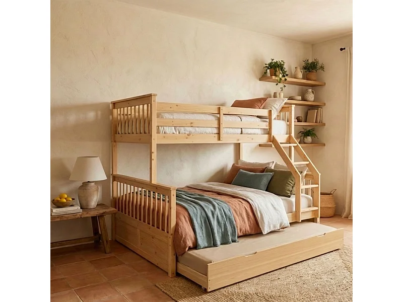 Drievoudig stapelbed + onderschuifbed hout grenen 135x190/90x190cm