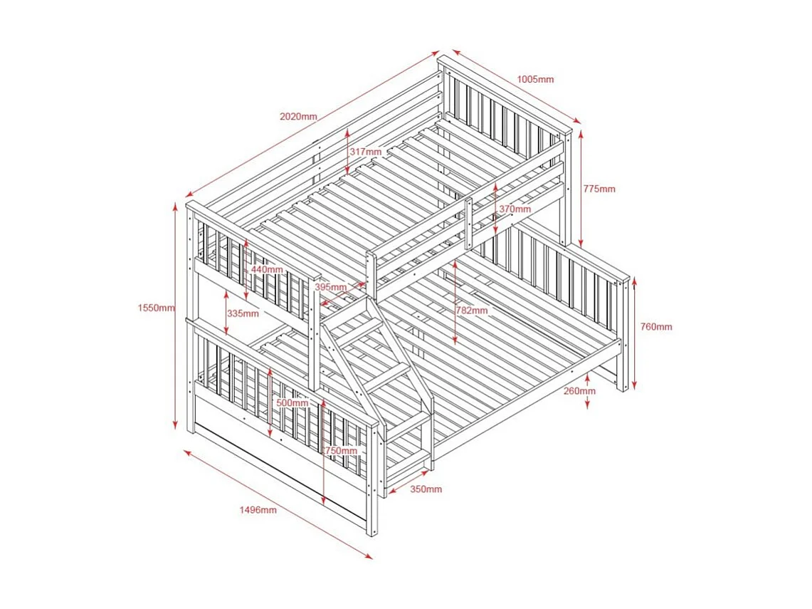 Drievoudig stapelbed + onderschuifbed hout grenen 135x190/90x190cm
