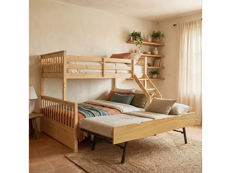 Drievoudig stapelbed + hefbaar onderschuifbed 80 hout grenen 135x190/90x190cm