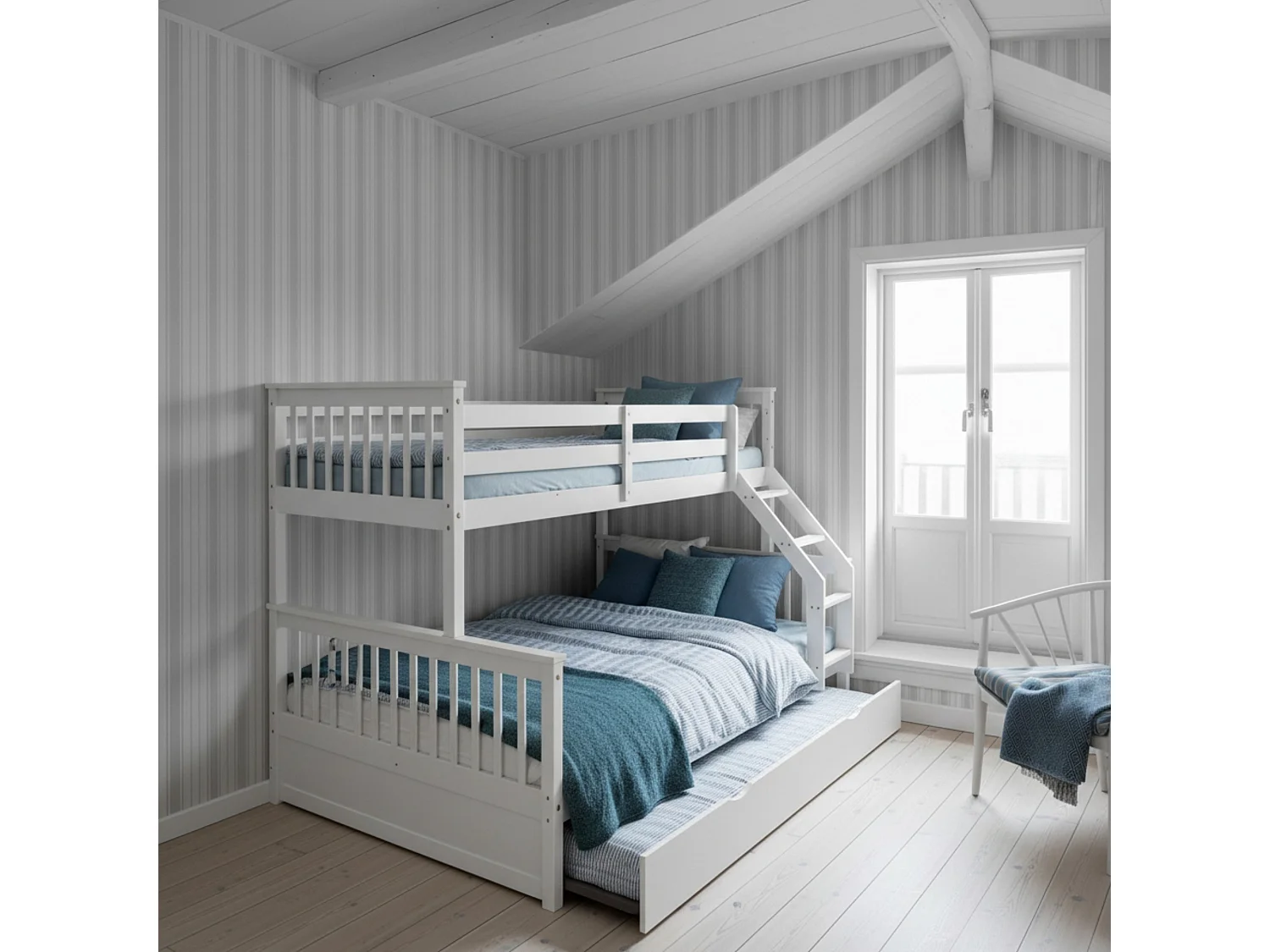 Drievoudig stapelbed + hefbaar onderschuifbed 80 hout wit 135x190/90x190cm