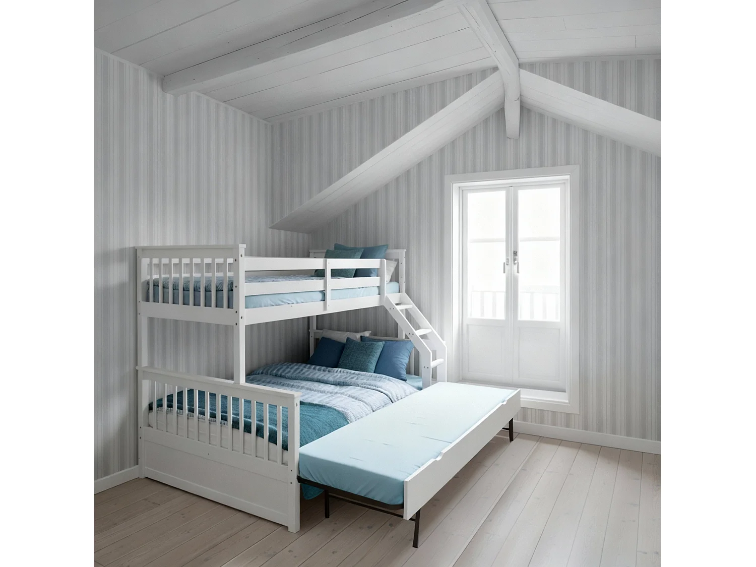 Drievoudig stapelbed + hefbaar onderschuifbed 80 hout wit 135x190/90x190cm