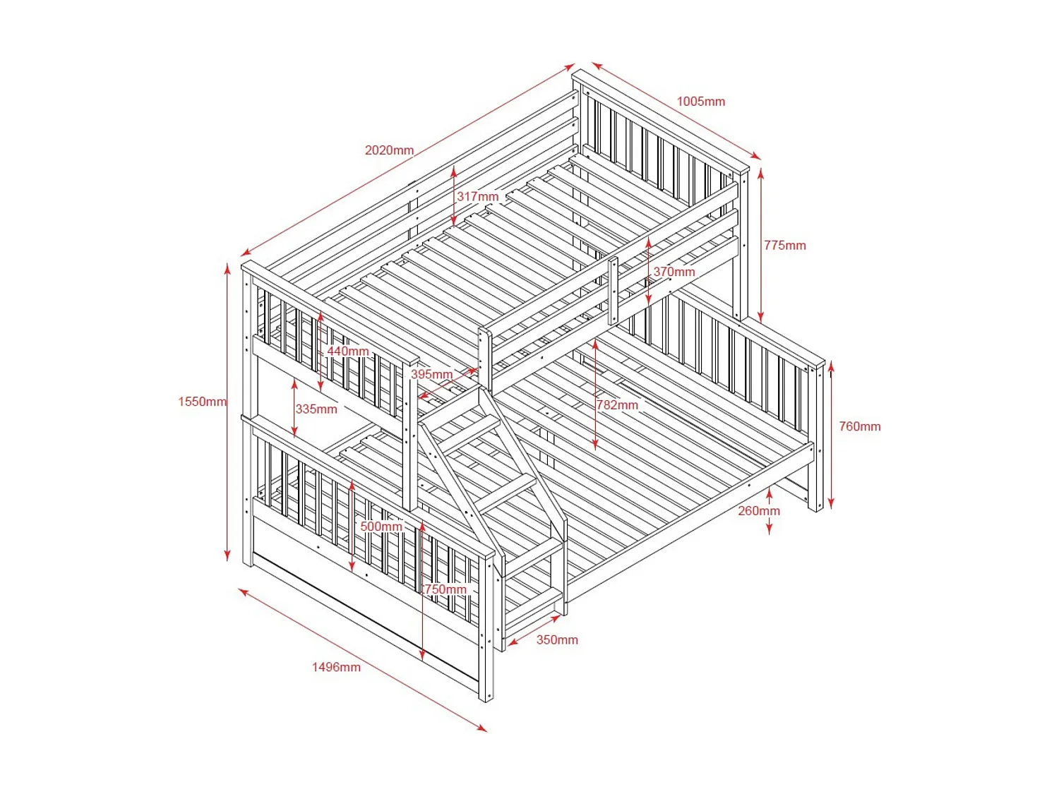 Drievoudig stapelbed + hefbaar onderschuifbed 80 hout wit 135x190/90x190cm