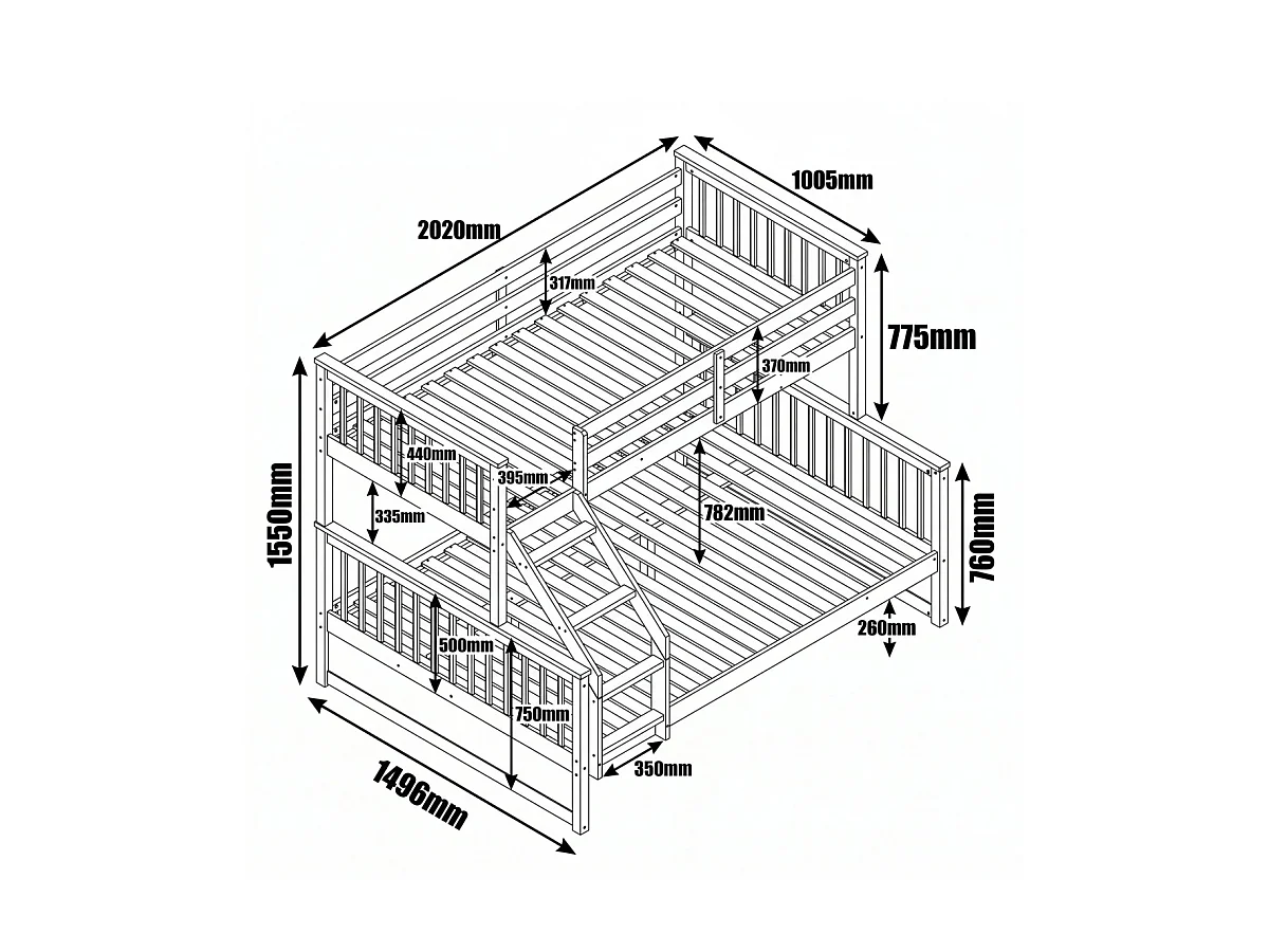 Letto a castello triplo + elevabile 80 legno bianco 135x190/90x190cm