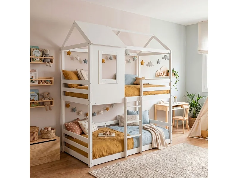 Deelbaar Montessori huisjesstapelbed hout wit 90x190/90x190cm