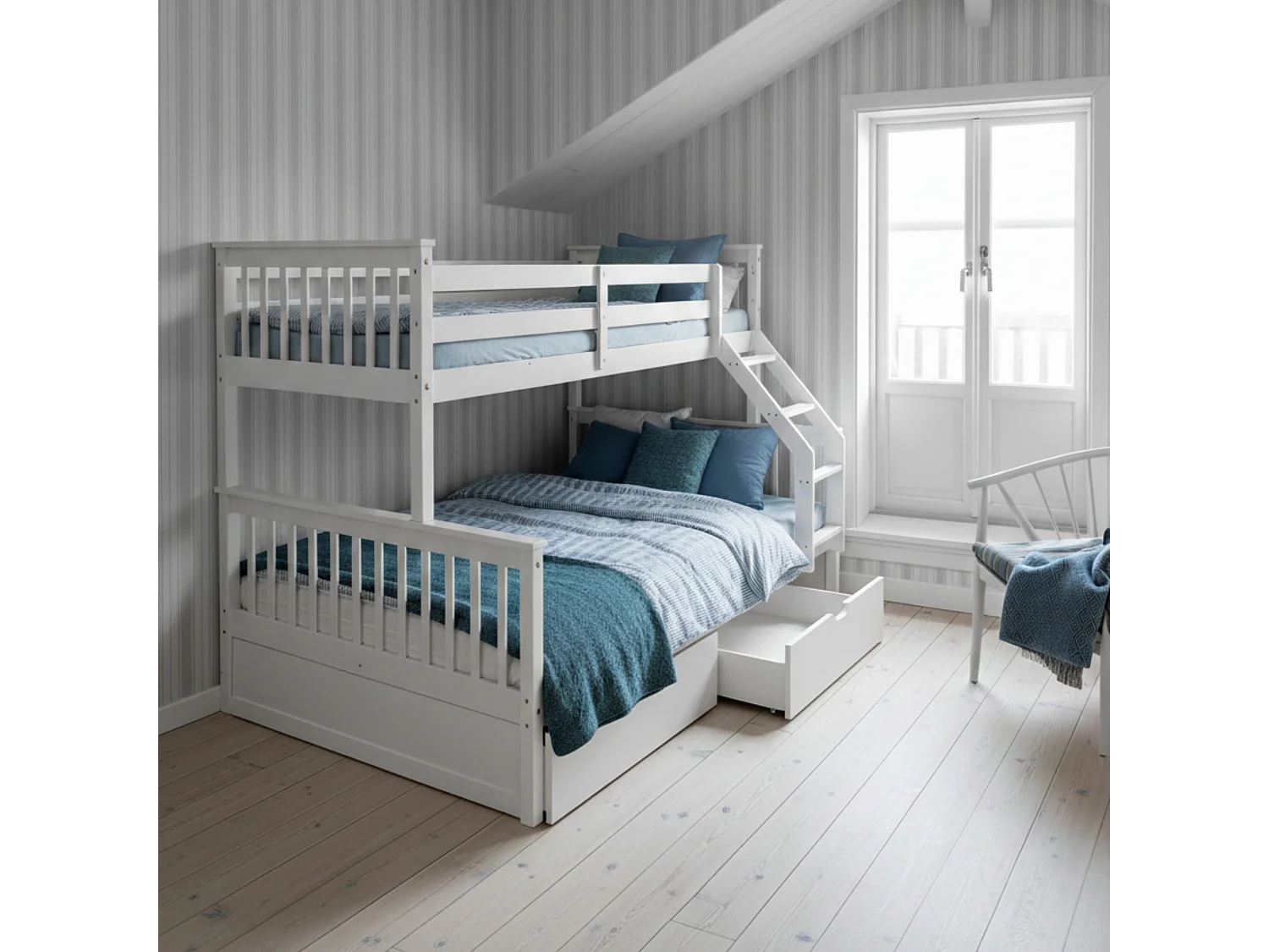 Litera triple + 2 cajones madera blanca 135x190/90x190cm