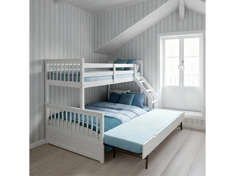 Lit superposé triple + lit relevable 90 bois blanc 135x190/90x190cm