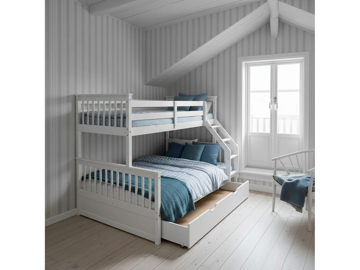 Drievoudig stapelbed + opberglade hout wit 135x190/90x190cm