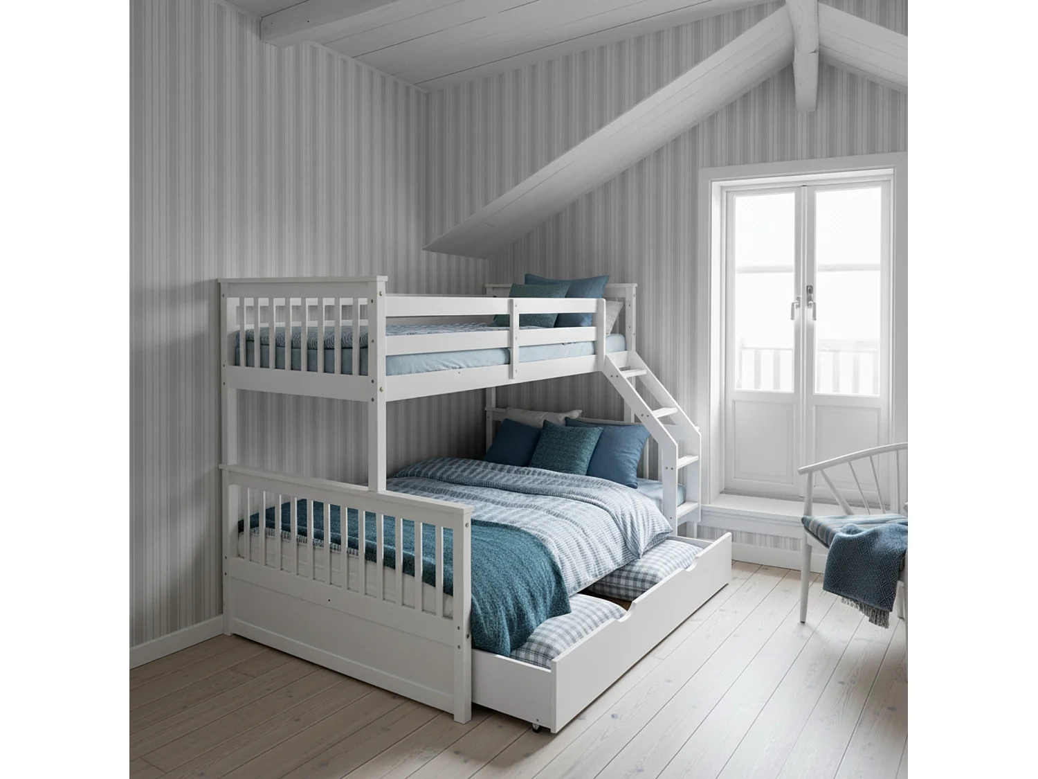 Drievoudig stapelbed + opberglade hout wit 135x190/90x190cm