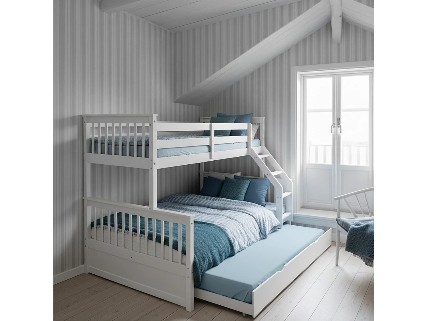 Drievoudig stapelbed + onderschuifbed hout wit 135x190/90x190cm