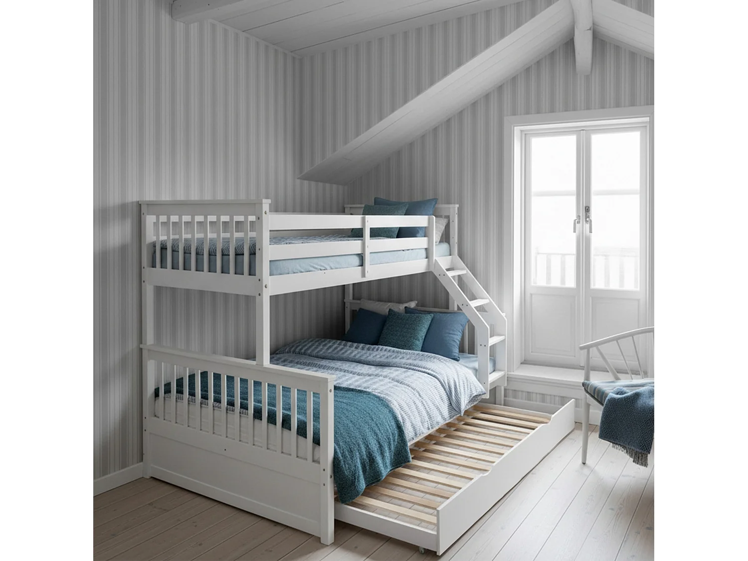 Drievoudig stapelbed + onderschuifbed hout wit 135x190/90x190cm