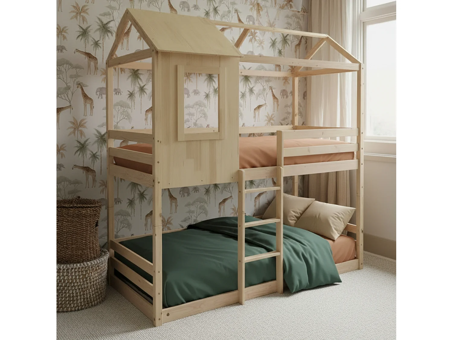 Deelbaar Montessori huisjesstapelbed hout beige 90x190/90x190cm