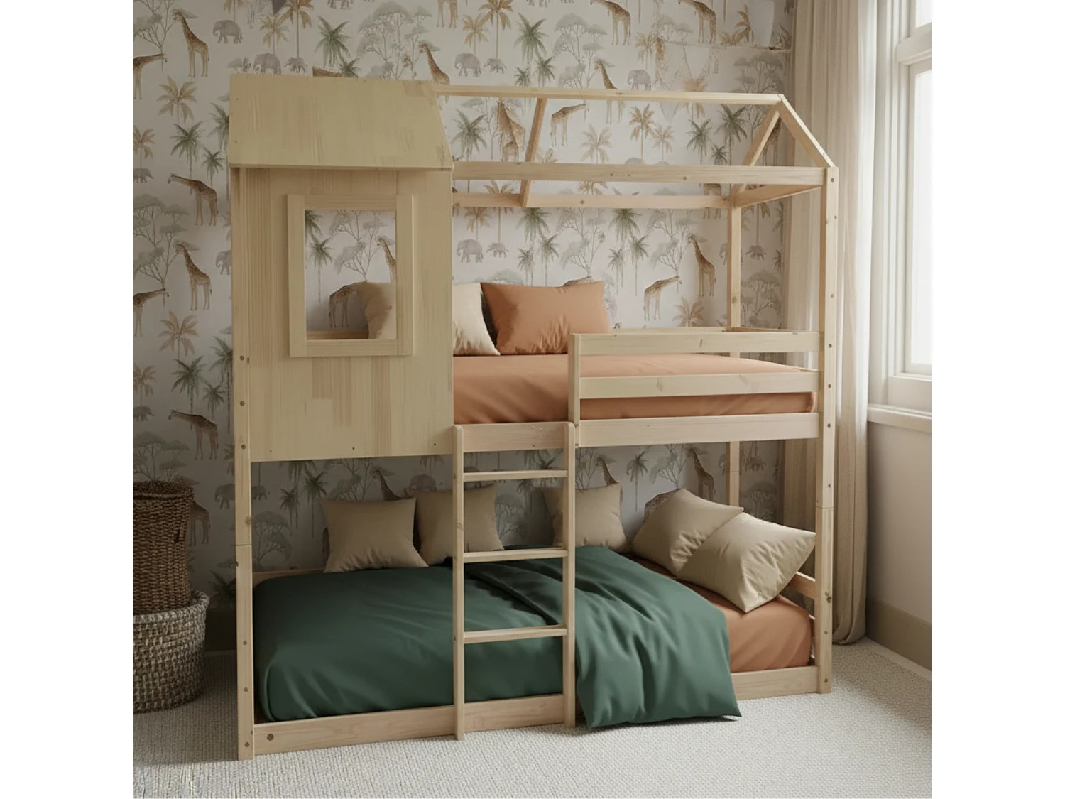 Deelbaar Montessori huisjesstapelbed hout beige 90x190/90x190cm