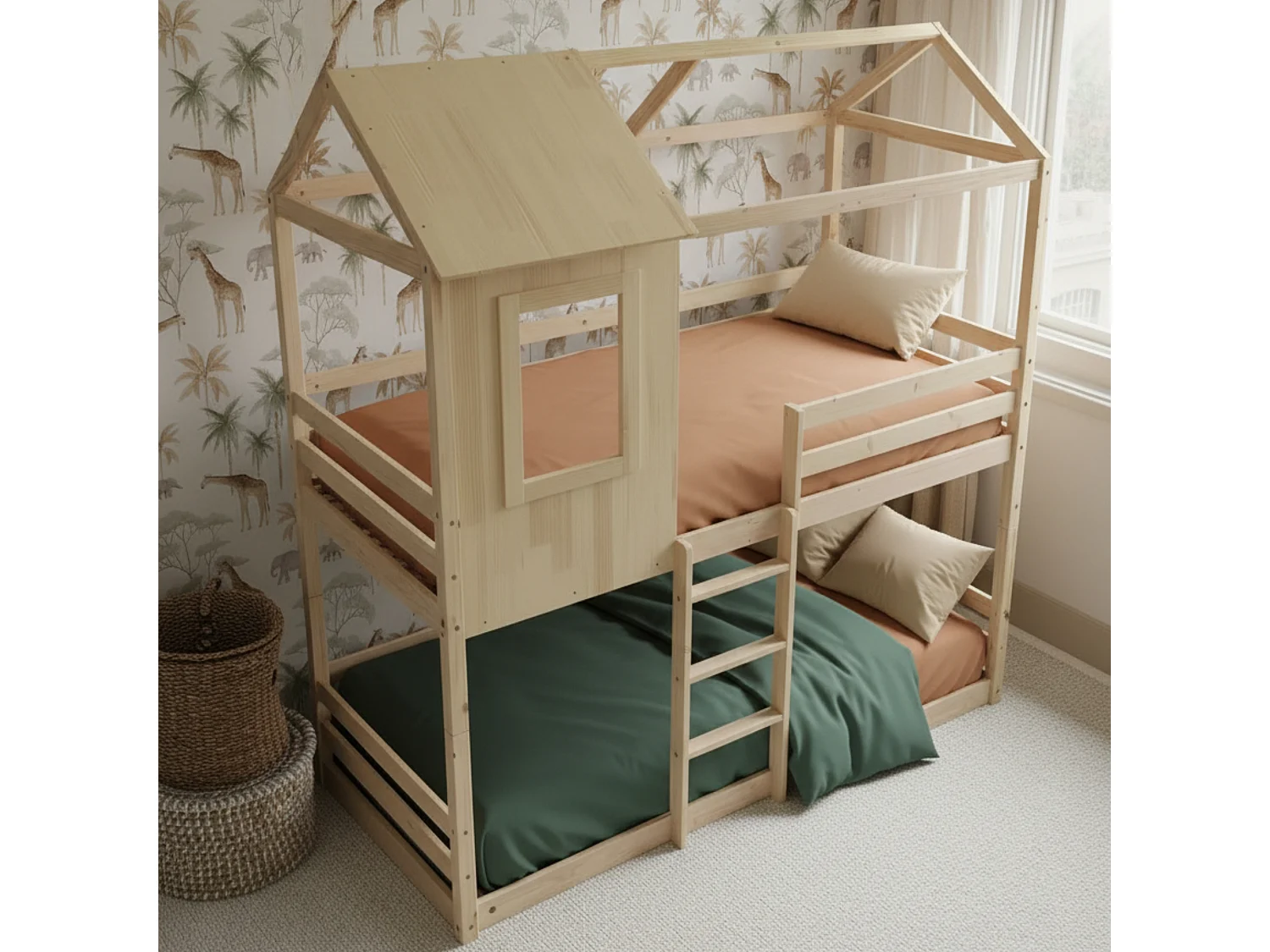 Deelbaar Montessori huisjesstapelbed hout beige 90x190/90x190cm