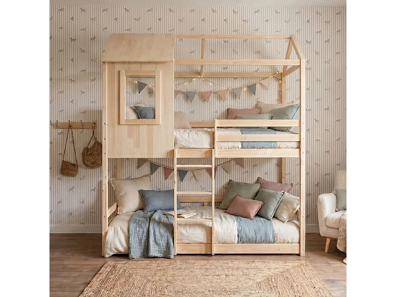 Deelbaar Montessori huisjesstapelbed hout beige 90x190/90x190cm