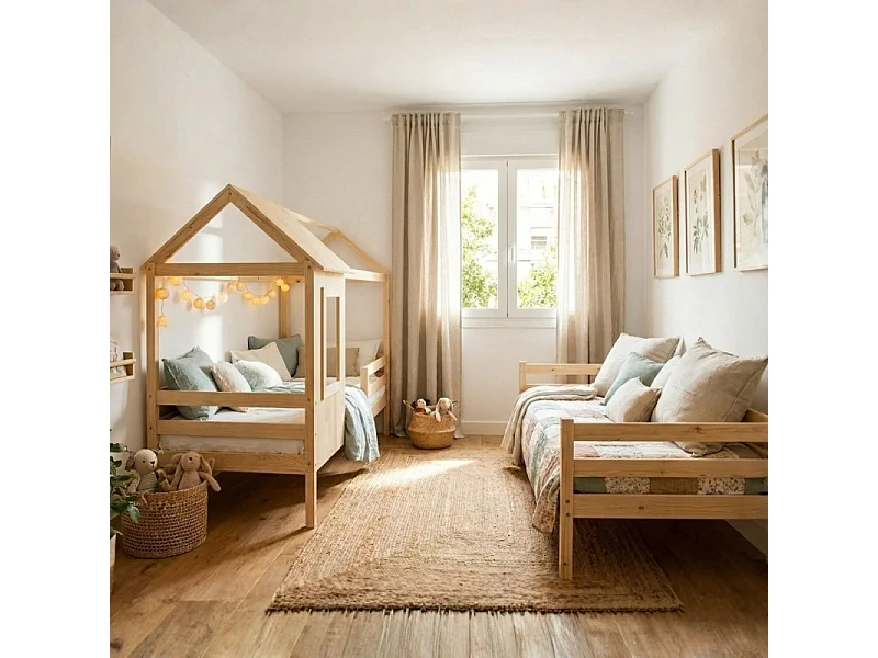 Deelbaar Montessori huisjesstapelbed hout beige 90x190/90x190cm