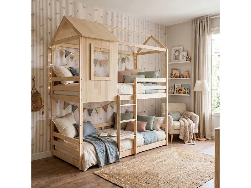 Deelbaar Montessori huisjesstapelbed hout beige 90x190/90x190cm