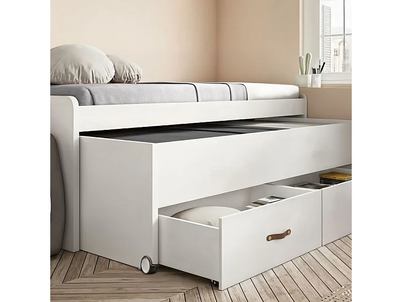 Lit compact 2 lits + 2 tiroirs individuels blanc 105x200cm