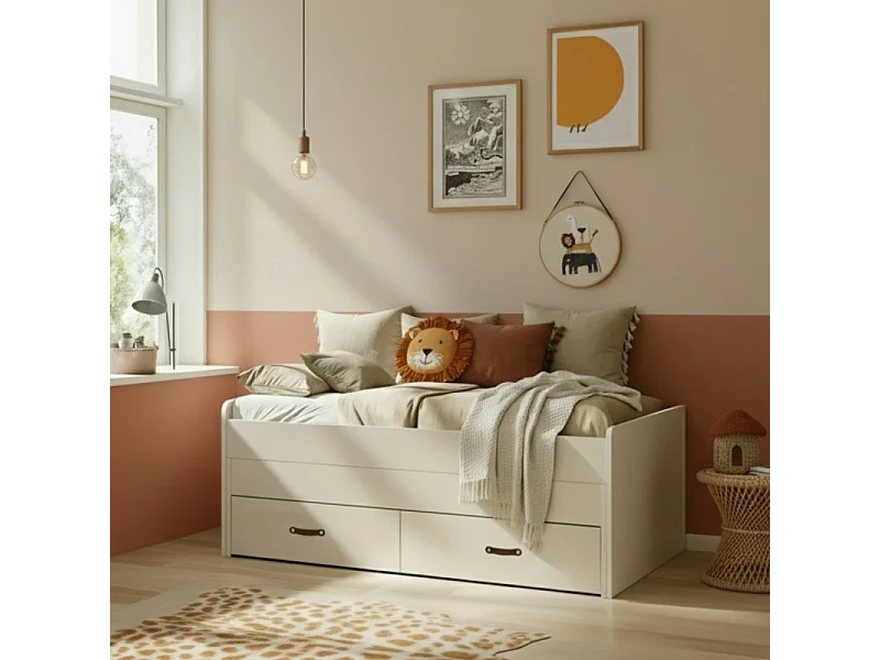 Lit compact 2 lits + 2 tiroirs individuels blanc 105x200cm