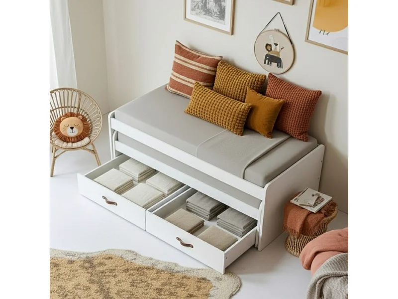 Lit compact 2 lits + 2 tiroirs individuels blanc 105x200cm