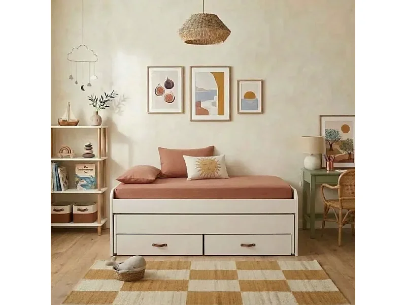Lit compact 2 lits + 2 tiroirs individuels blanc 105x200cm