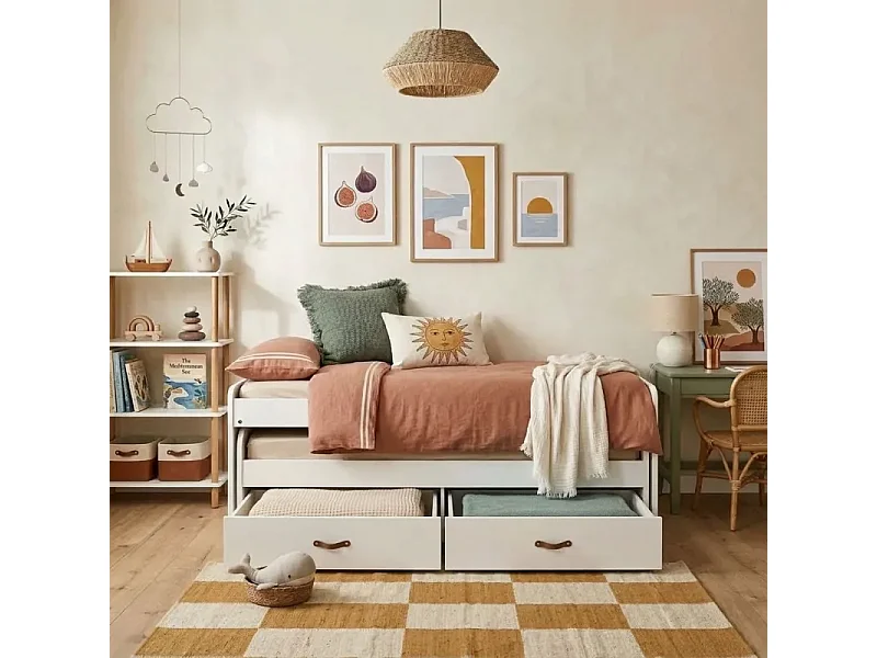 Lit compact 2 lits + 2 tiroirs individuels blanc 105x200cm