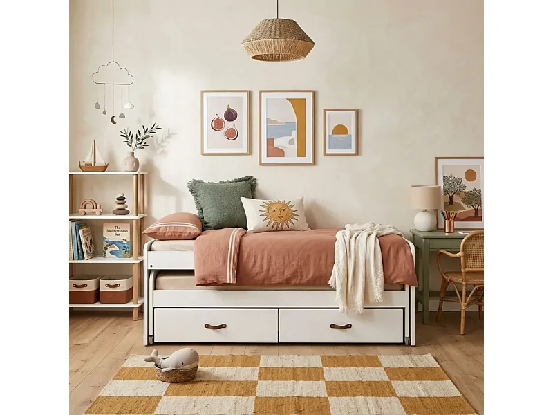 Lit compact 2 lits + 2 tiroirs individuels blanc 105x200cm