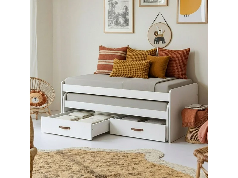 Lit compact 2 lits + 2 tiroirs individuels + matelas blanc 105x200cm